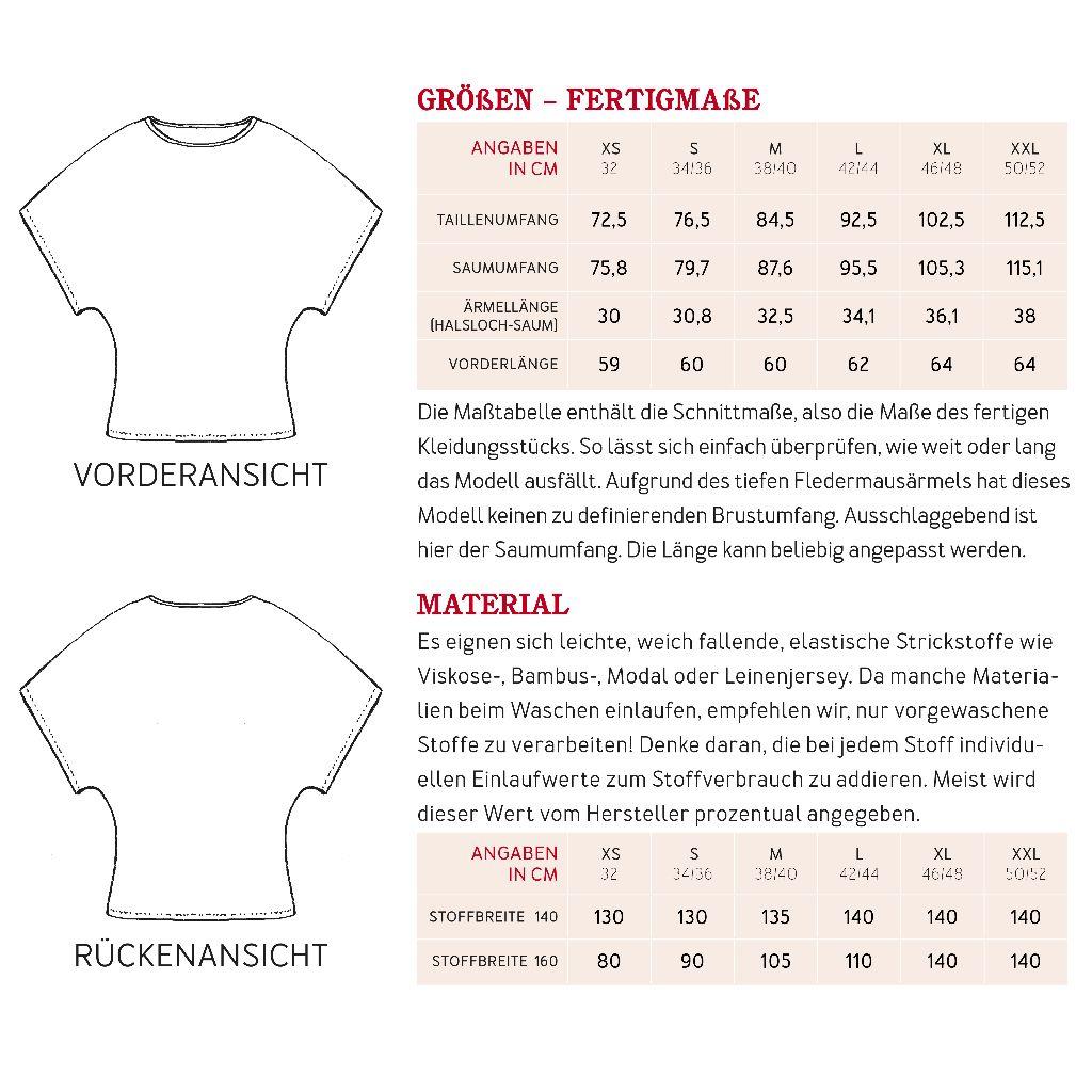 Papierschnittmuster Fledermausshirt Frau Tessa XS-XXL
